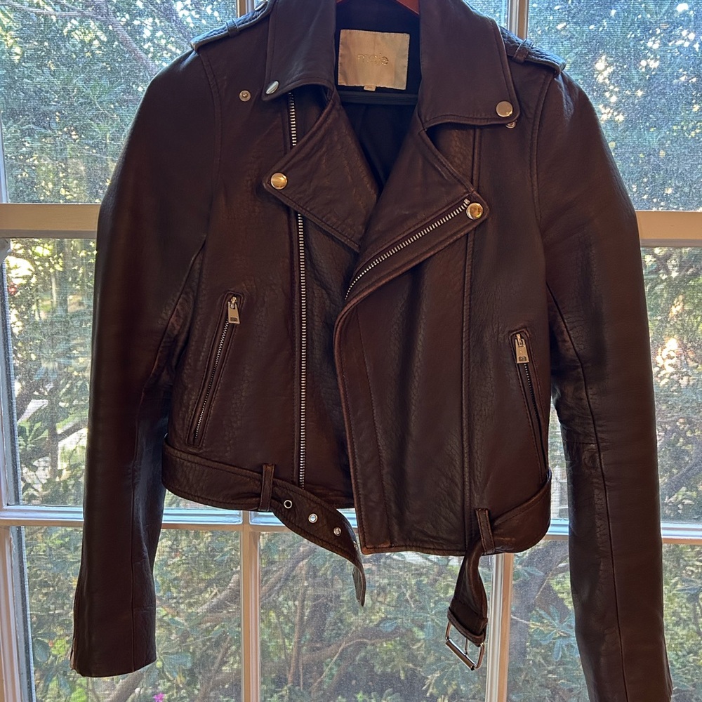 MAJE chocolate brown lamb skin biker jacket.